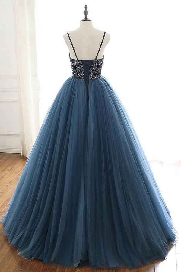 Ball Gown Deep Tulle Prom Dress Evening Dress With Beading