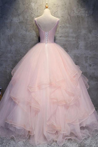 A-line Floor Length Sleeveless Tulle Ruffles Floral Ball Gown Prom Dress