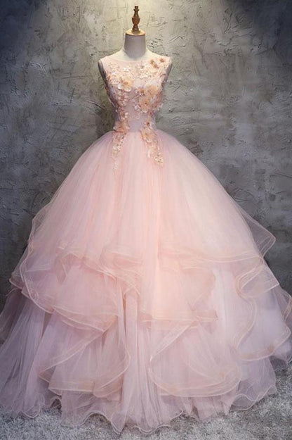 A-line Floor Length Sleeveless Tulle Ruffles Floral Ball Gown Prom Dress