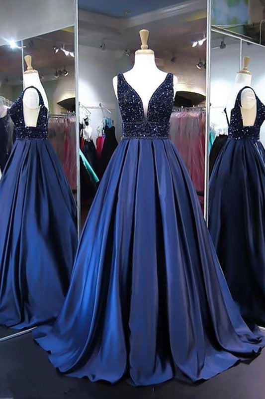 A-line V Neck Satin Long Prom Evening Dresses With Beading Ball Gown