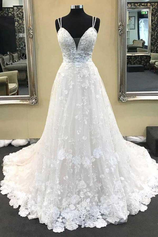 A-line V Neck Spaghetti Straps Lace Long Wedding Dresses Ball Gown