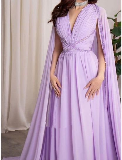 A-Line Evening Gown Elegant Dress Formal Fall Court Train Long Sleeve V Neck Chiffon with Pleats Sequin