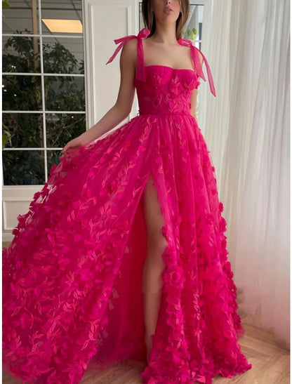 A-Line Prom Dresses Elegant Dress Formal Sweep / Brush Train Sleeveless Square Neck Tulle with Feather Pleats Slit