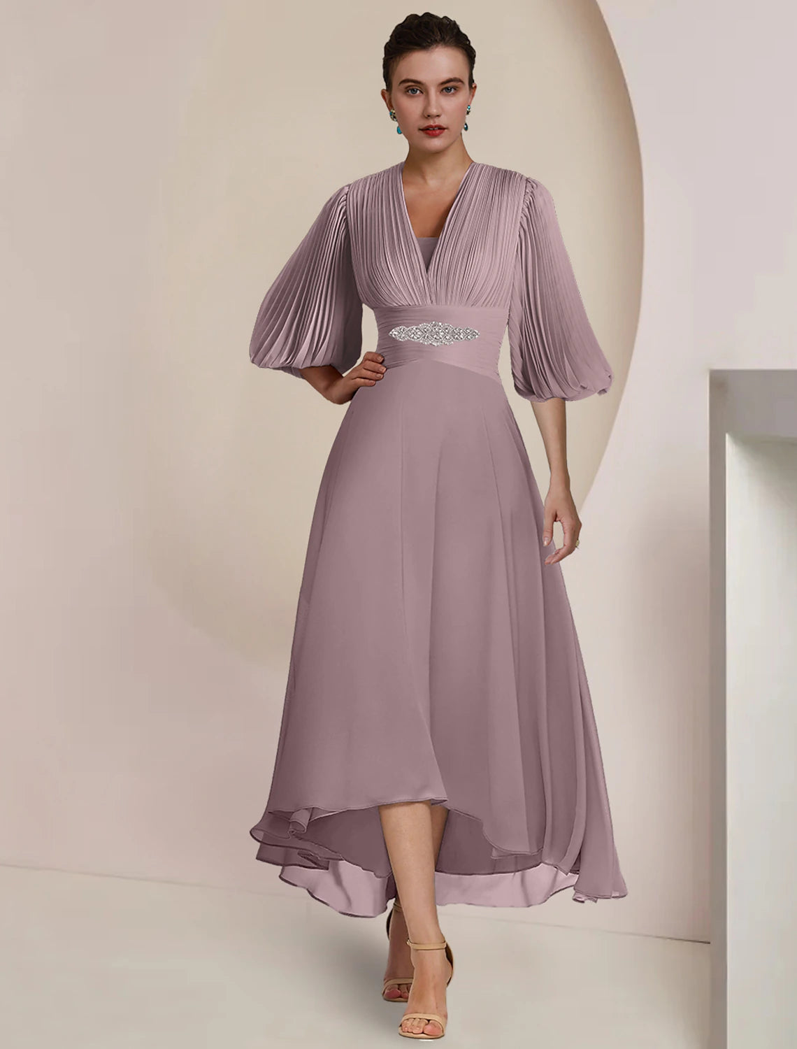 A-Line Mother of the Bride Dress Formal Wedding Guest Party Vintage Elegant V Neck Tea Length Chiffon 3/4 Length Sleeve with Pleats Crystals