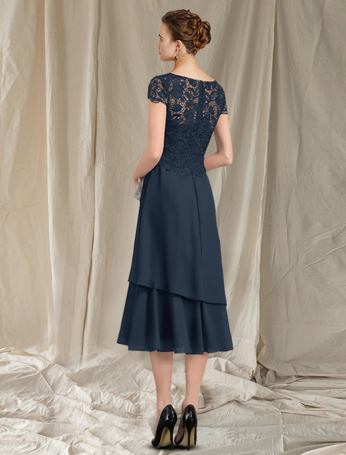 A-Line Mother of the Bride Dress Elegant Jewel Neck Tea Length Chiffon Lace Short Sleeve with Ruffles