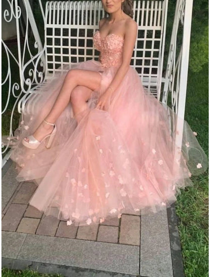 Sheath / Column Prom Dresses High Low Dress Prom Wedding Party Sweep / Brush Train Sleeveless Sweetheart Tulle with Embroidery Appliques