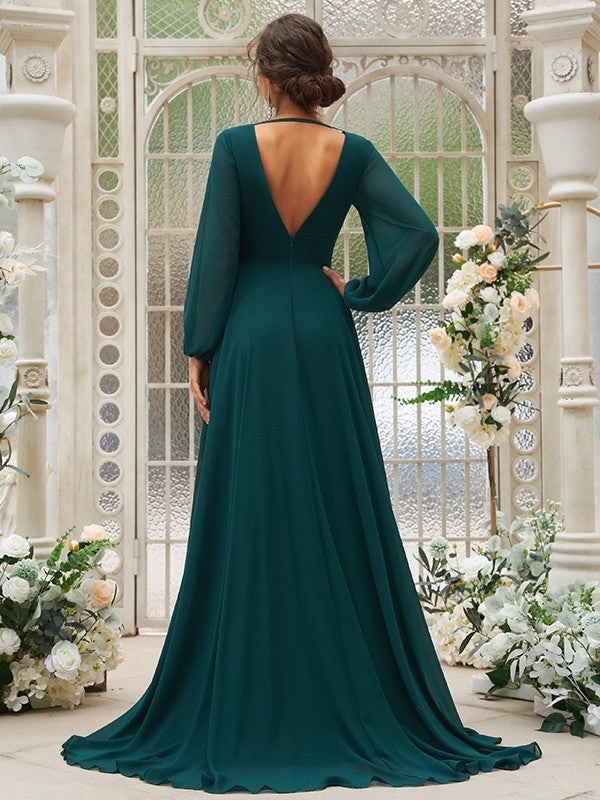 A-Line/Princess Chiffon Ruffles V-neck Long Sleeves Sweep/Brush Train Bridesmaid Dresses