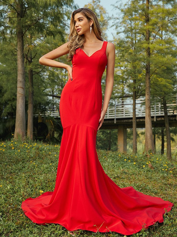 Sheath/Column Stretch Crepe Ruffles V-neck Sleeveless Sweep/Brush Train Bridesmaid Dresses