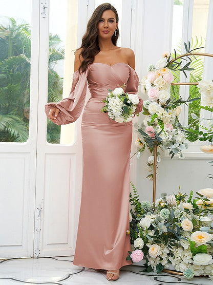 Sheath/Column Silk like Satin Ruched Off-the-Shoulder Long Sleeves Floor-Length Bridesmaid Dresses