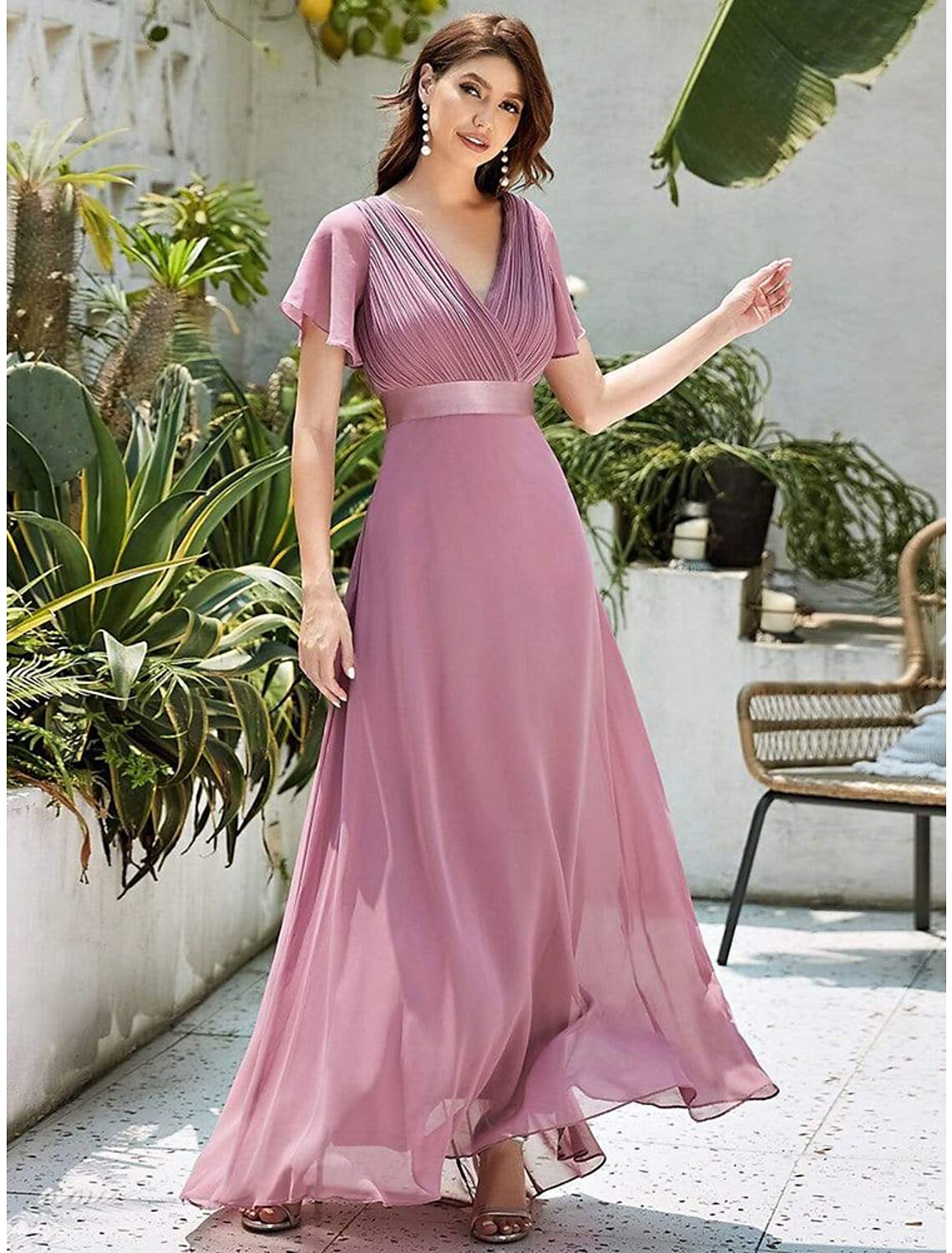 A-Line Evening Gown Party Dress Empire Dress Wedding Guest Formal Evening Floor Length Short Sleeve V Neck Bridesmaid Dress Chiffon V Back with Ruffles Pure Color