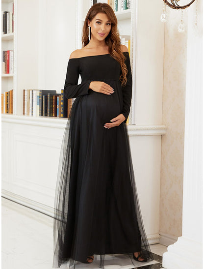 A-Line Mother of the Bride Dress Maternity Elegant Off Shoulder Floor Length Tulle Long Sleeve with Tier