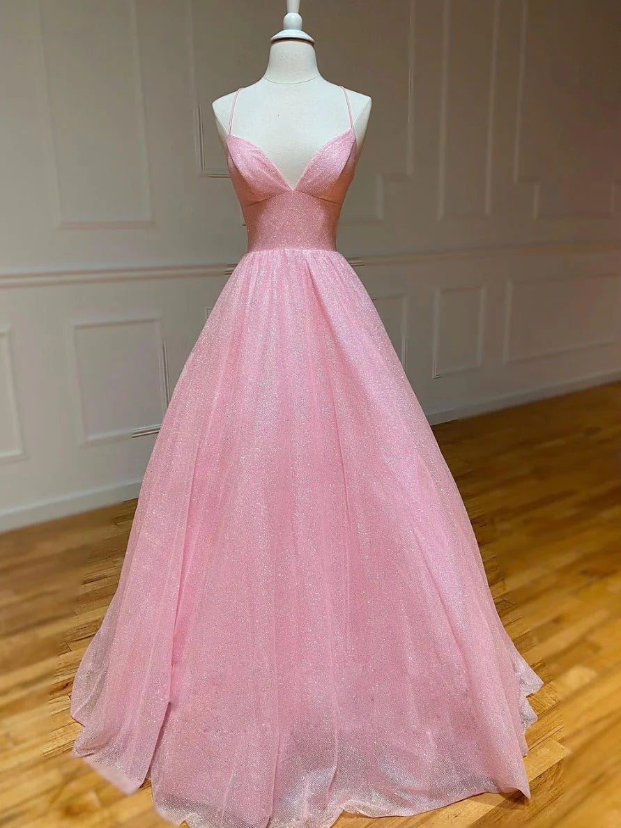 A-line v neck tulle long prom dress