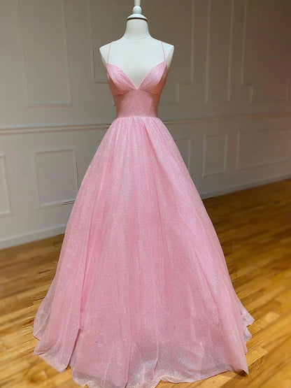 A-line v neck tulle long prom dress