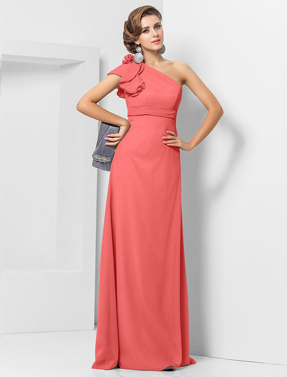 Sheath / Column Elegant Dress Wedding Guest Formal Evening Floor Length Sleeveless One Shoulder Bridesmaid Dress Chiffon with Sash / Ribbon Appliques