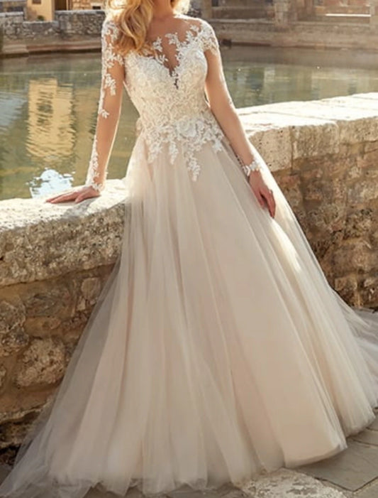 Engagement Formal Wedding Dresses A-Line Illusion Neck Long Sleeve Sweep / Brush Train Lace Bridal Gowns With Appliques