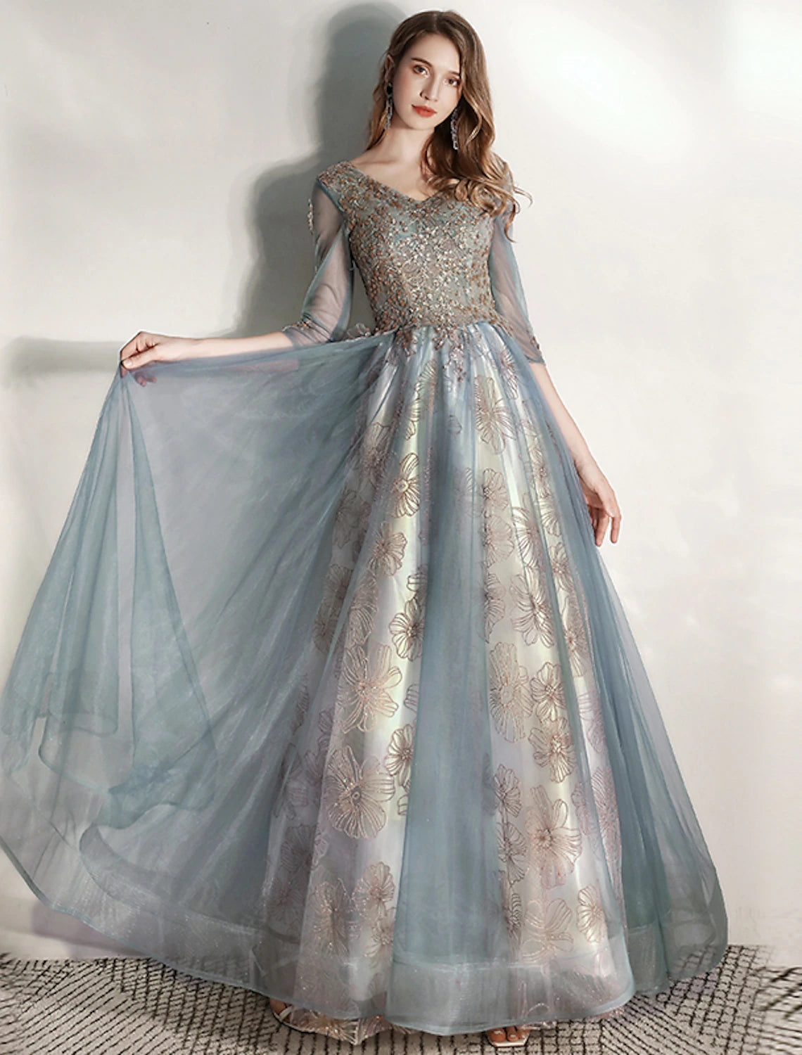 A-Line Prom Dresses Elegant Dress Engagement Floor Length Half Sleeve V Neck Tulle with Pleats Pattern / Print Appliques