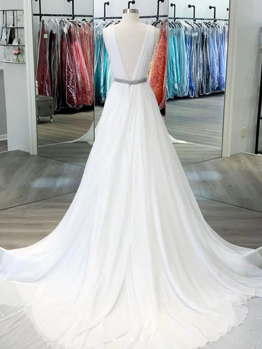 V neck chiffon long Wedding Dresses