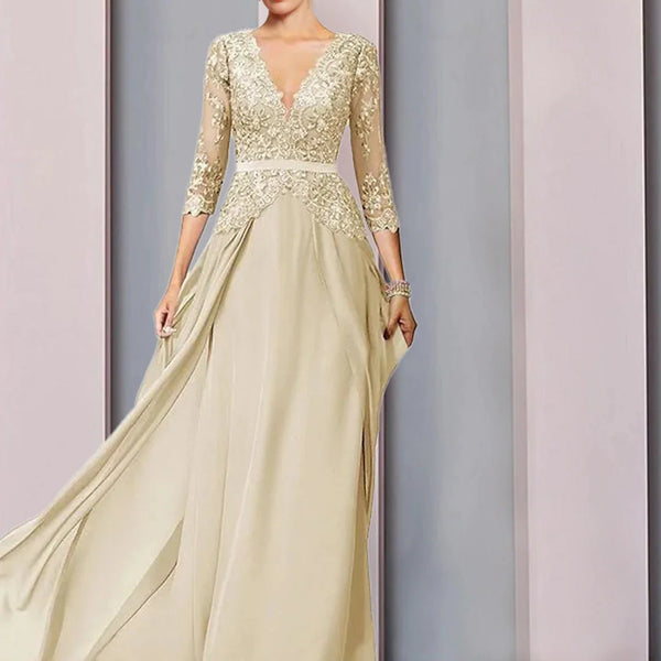 A-Line Mother of the Bride Dress Wedding Guest Elegant V Neck Floor Le ...