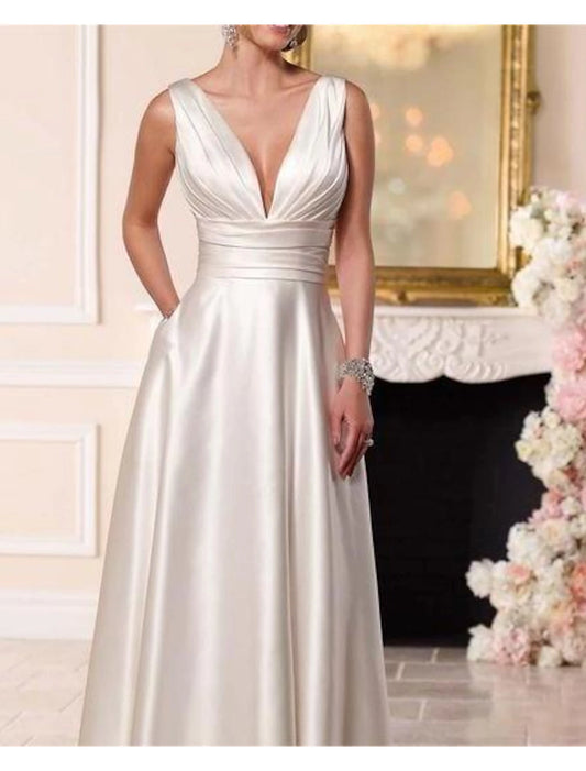 Beach Casual Formal Wedding Dresses A-Line V Neck Sleeveless Floor Length Taffeta Bridal Gowns With Pleats Ruched