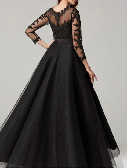 Ball Gown ElegantBlack Dress Quinceanera Prom Dress Illusion Neck 3/4 Length Sleeve Floor Length Lace with Lace Insert