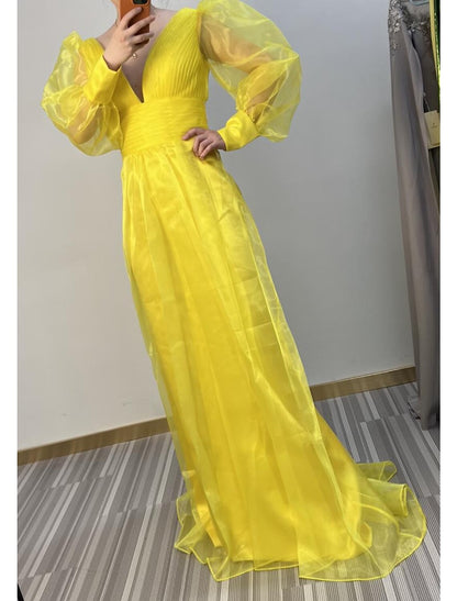 A-Line Evening Gown Elegant Dress Engagement Formal Evening Floor Length Long Sleeve V Neck Chiffon with Pleats Ruched