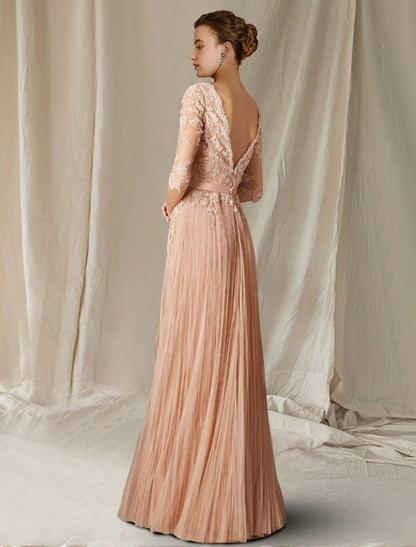 A-Line Mother of the Bride Dress Luxurious Elegant V Neck Floor Length Lace Tulle Half Sleeve with Pleats Appliques