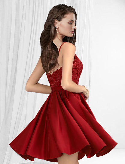 A-Line Cocktail Dresses Minimalist Dress Homecoming Short / Mini Sleeveless V Neck Satin with Pleats