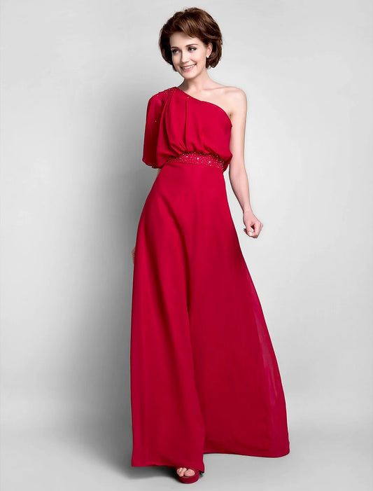 Sheath / Column Mother of the Bride Dress Elegant One Shoulder Floor Length Chiffon Half Sleeve with Beading Draping