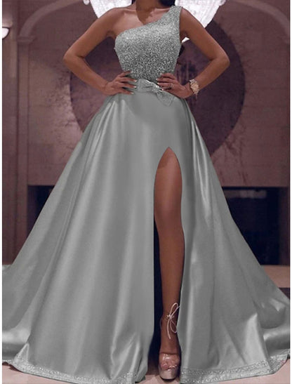 A-Line Prom Dresses Plus Size Dress Wedding Guest Floor Length Sleeveless One Shoulder Satin with Bow(s) Sequin Slit