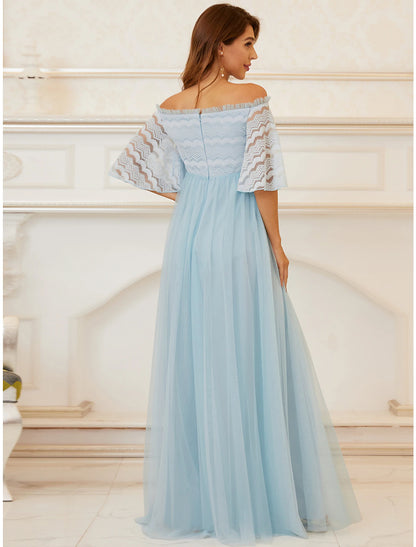 A-Line Mother of the Bride Dress Maternity Elegant Off Shoulder Floor Length Lace Tulle Sleeveless with Tier