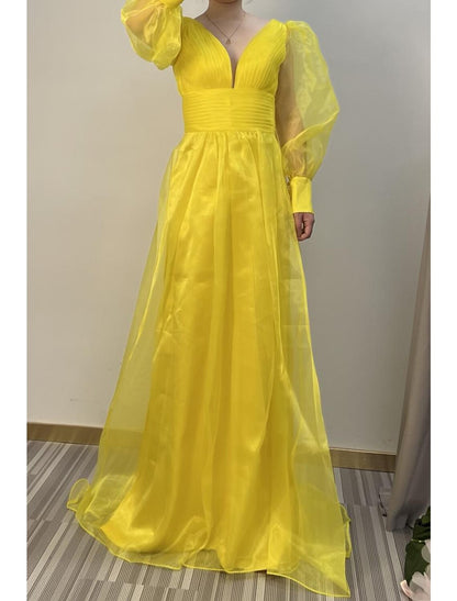 A-Line Evening Gown Elegant Dress Engagement Formal Evening Floor Length Long Sleeve V Neck Chiffon with Pleats Ruched