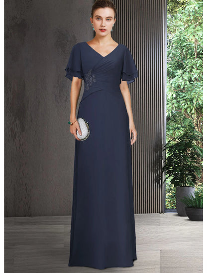 Sheath / Column Mother of the Bride Dress Elegant V Neck Floor Length Chiffon Short Sleeve with Appliques Ruching