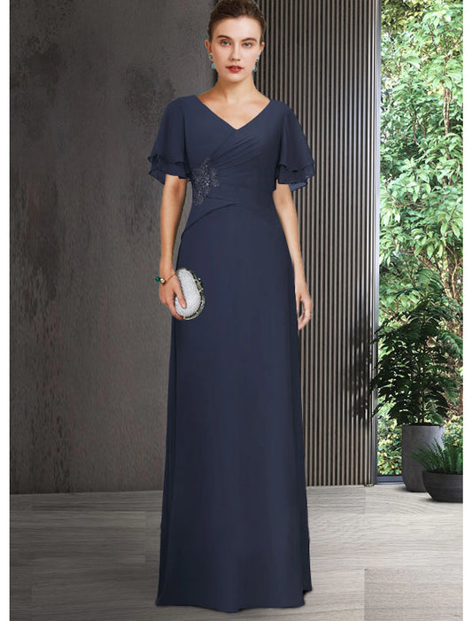 Sheath / Column Mother of the Bride Dress Elegant V Neck Floor Length Chiffon Short Sleeve with Appliques Ruching