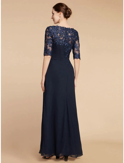 Sheath / Column Mother of the Bride Dress Wedding Guest Elegant Scoop Neck Ankle Length Chiffon Lace Half Sleeve with Sequin Ruching Solid Color