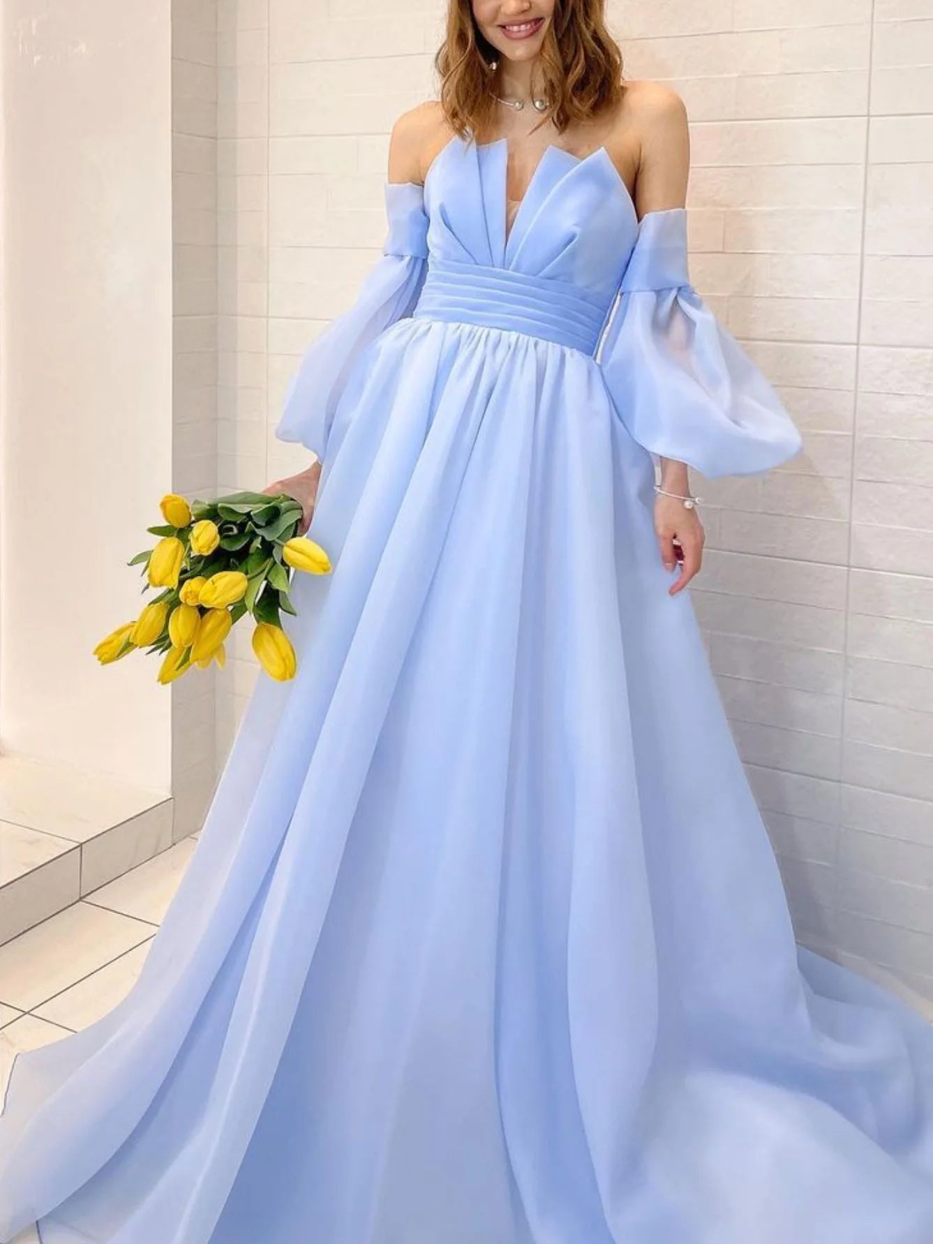 Aline Organza long prom dress puff sleeves