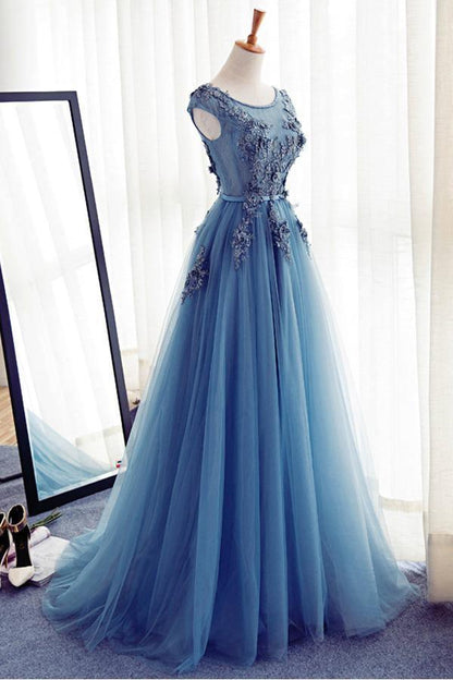 Tulle Round Neck Lace Long Prom Dress Evening Dress