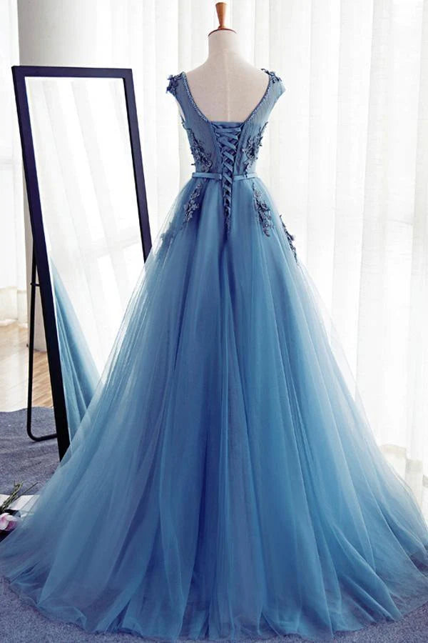 Tulle Round Neck Lace Long Prom Dress Evening Dress