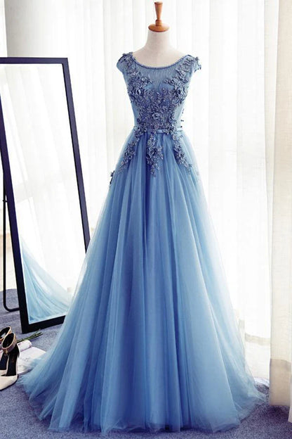 Tulle Round Neck Lace Long Prom Dress Evening Dress