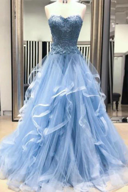 A-line Tulle Lace Appliques Sweetheart Layered Long Prom Dresses