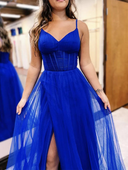 A-Line V Neck Tulle Long Prom Dress