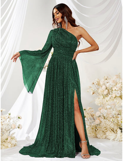 A-Line Wedding Guest Dresses Sparkle Christmas Green Dress Formal Evening Party Sweep / Brush Train Long Sleeve One Shoulder Polyester with Glitter