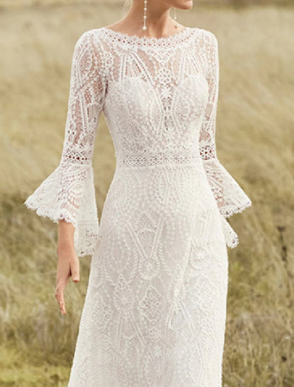 Beach Boho Wedding Dresses A-Line Scoop Neck Long Sleeve Sweep / Brush Train Lace Bridal Gowns With Lace Solid Color