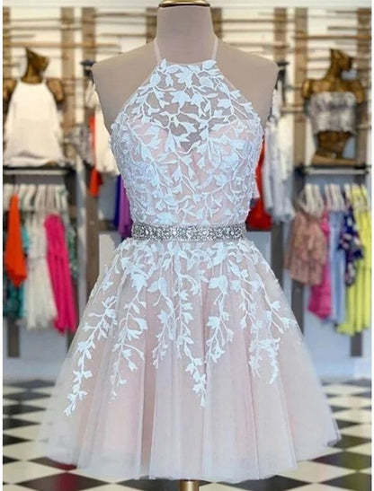 A-Line Homecoming Dresses Floral Dress Holiday Short / Mini Sleeveless Halter Tulle with Appliques