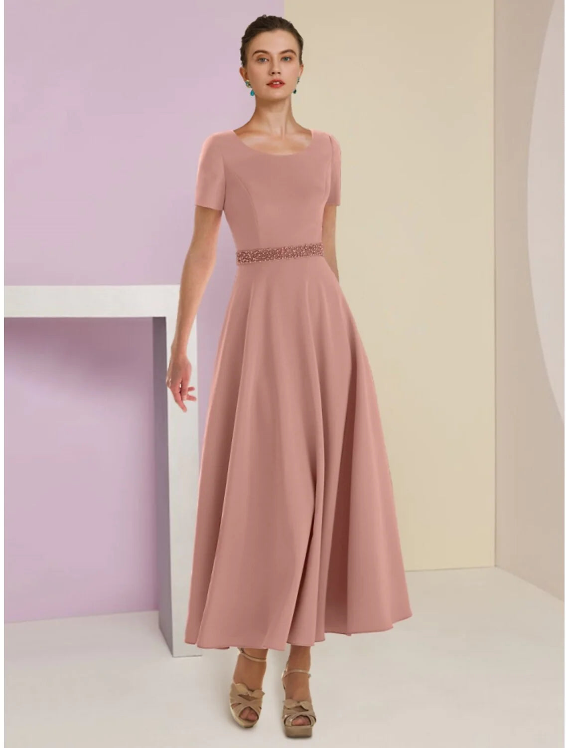 Two Piece A-Line Mother of the Bride Dress Wedding Guest Elegant Scoop Neck Ankle Length Satin 3/4 Length Sleeve with Feather Bow(s) Beading