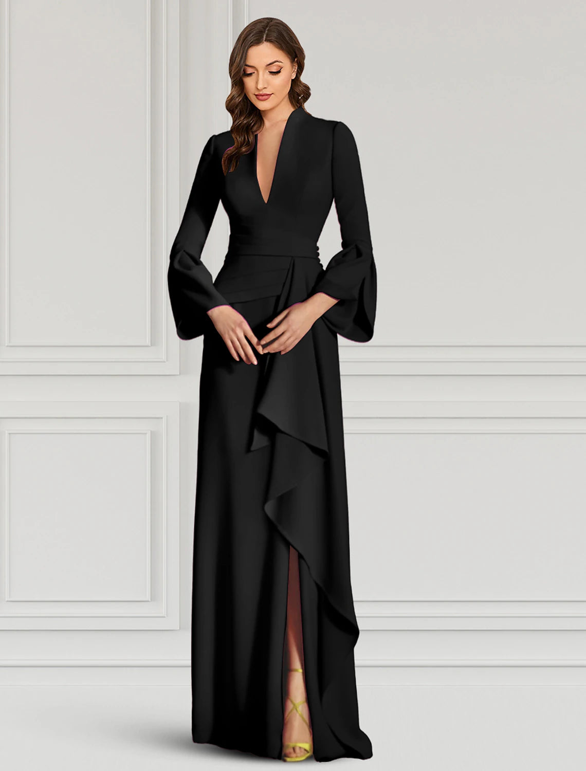 Sheath Evening Gown Elegant Black Dress Formal Cocktail Party Dress Floor Length Long Sleeve V Neck Fall Wedding Guest Stretch Fabric with Ruffles