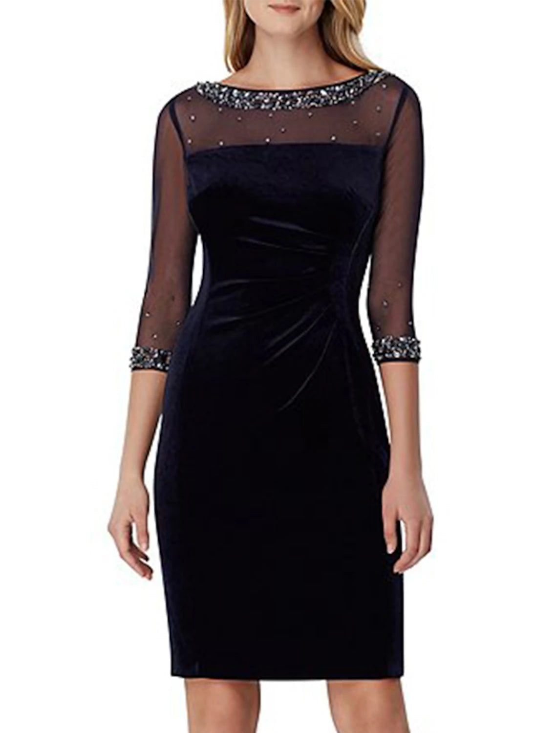 Sheath / Column Cocktail Dresses Black Dress Wedding Guest Cocktail Party Knee Length 3/4 Length Sleeve Illusion Neck Fall Wedding Guest Stretch Satin with Crystals Sequin