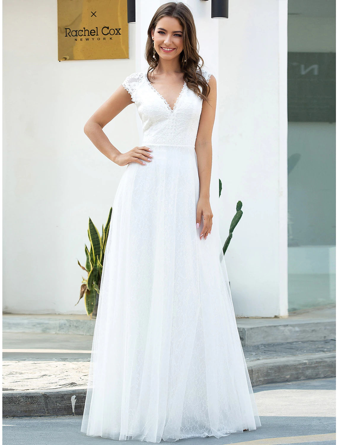 Beach Wedding Dresses A-Line V Neck Cap Sleeve Floor Length Lace Bridal Gowns With Lace