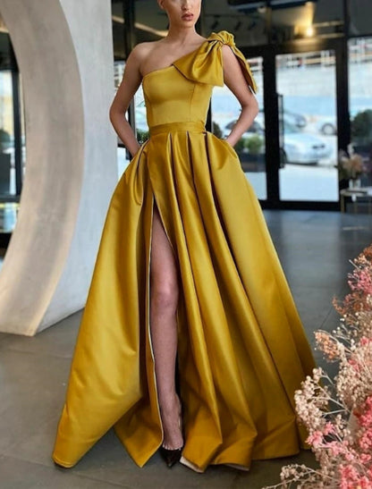 A-Line Vintage Sexy High Split Party Wear Formal Evening Dress One Shoulder Sleeveless Sweep / Brush Train Satin with Bow(s) Pleats Slit