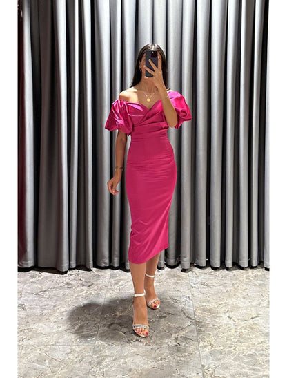 Sheath / Column Cocktail Dresses Party Dress Formal Fall Tea Length Short Sleeve Off Shoulder Satin with Ruched Slit