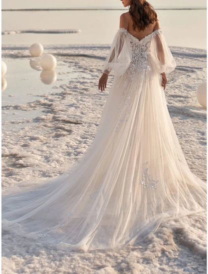 Beach Formal Wedding Dresses A-Line Off Shoulder Long Sleeve Court Train Lace Bridal Gowns With Appliques Summer Fall Wedding Party